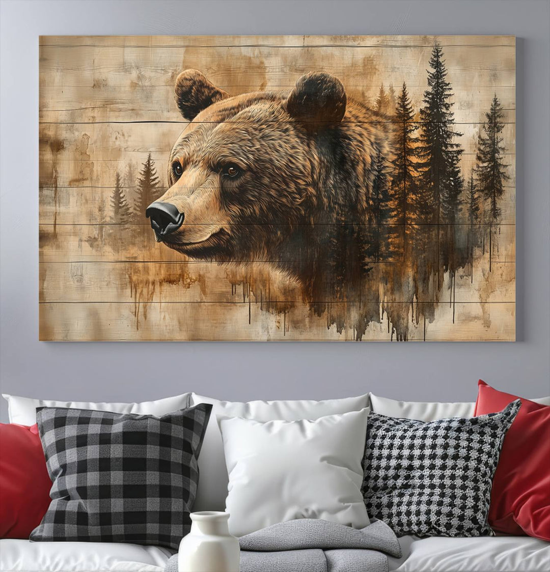 Abstract Rustic Grizzly Bear Wall Art Canvas Print - Woodland Wildlife Forest Print for Farmhouse Decor