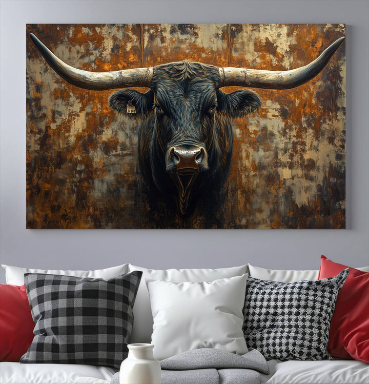 Abstract Longhorn Texas Bull Wall Art | Rustic Farmhouse Canvas Print | Ready to Hang Barn Decor for Farmhouse and Cabin Style