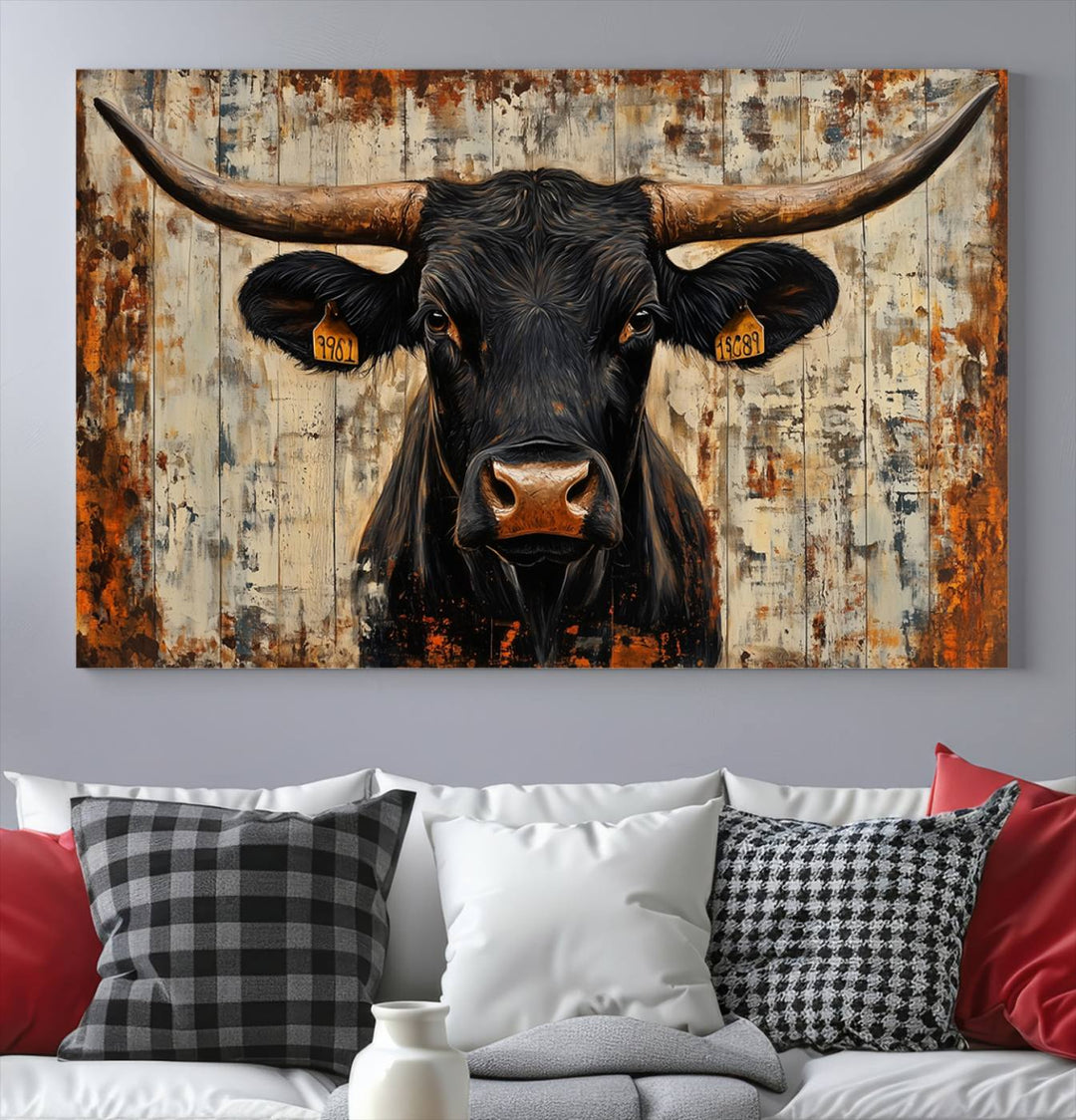 Abstract Cow Longhorn Bull Wall Art Canvas Print - Rustic Texas Western Cattle Artwork