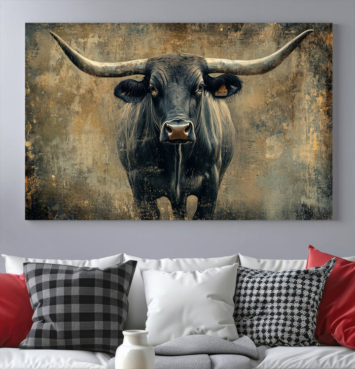 Abstract Cow Longhorn Bull Wall Art Canvas Print - Rustic Texas Western Cattle Artwork