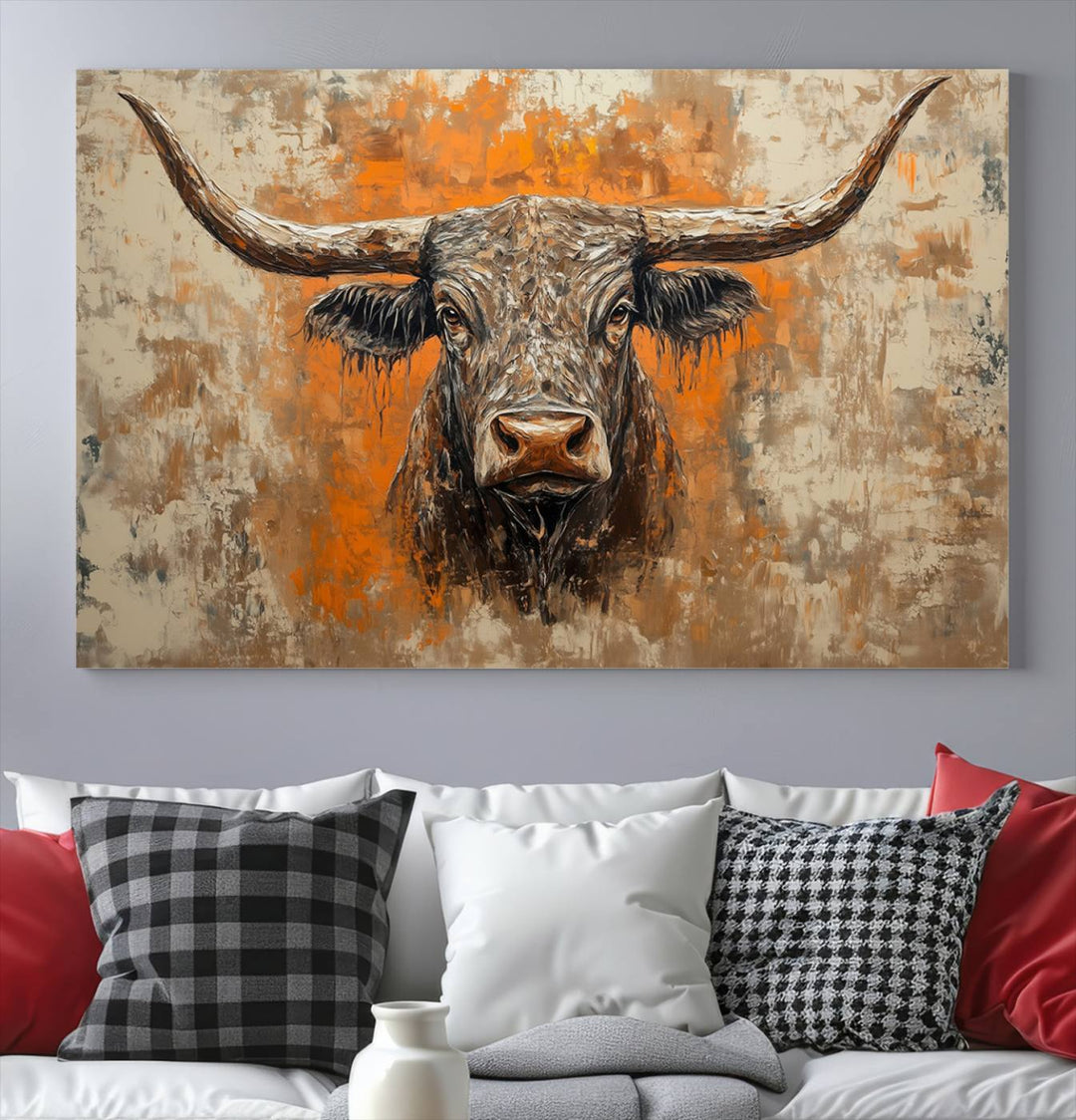 Abstract Cow Longhorn Bull Wall Art Canvas Print - Rustic Texas Western Cattle Artwork