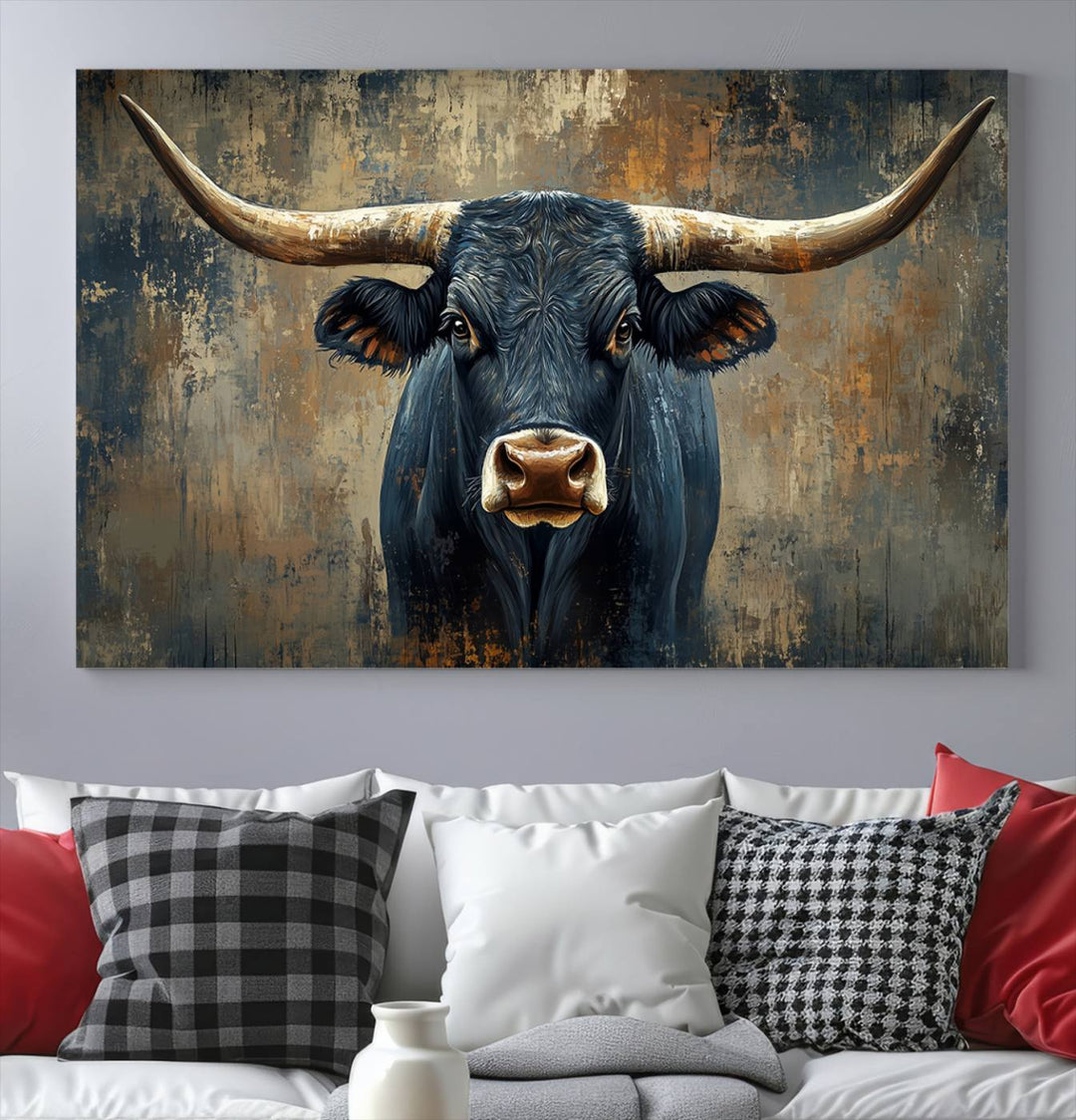 Abstract Cow Longhorn Bull Wall Art Canvas Print - Rustic Texas Western Cattle Artwork