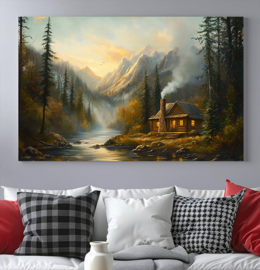 Wood Cabin Retreat Mountain at Sunset Wall Art Print - Serene Forest and River Landscape Wall Art Canvas Print