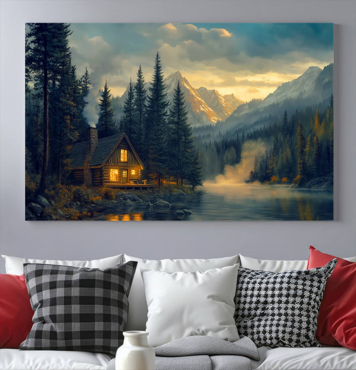 Mountain Cabin by the Lake at Sunset Wall Art - Serene Nature Canvas Print for Living Room Decor, Rustic Lodge Ambiance, 3-Panel Large Wall Art