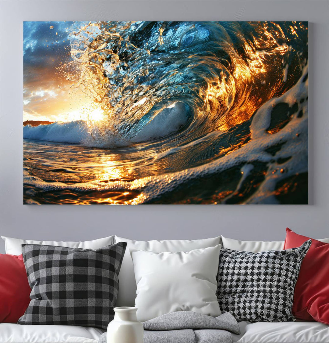 Ocean Wave at Sunset Wall Art | Ready to Hang Triptych Canvas Print | Coastal Wall Art for Living Room | Nautical and Beach House Decor