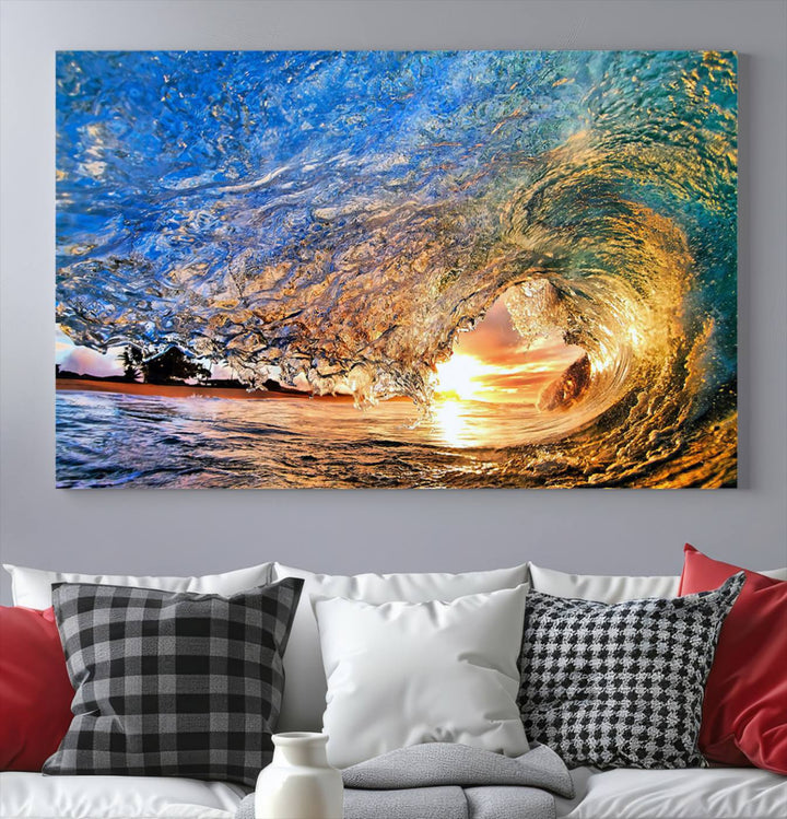 Ocean Wave at Sunset Canvas Print | Large Coastal Ocean Wall Art Print | Vibrant Beach Waves Art Print | Surf Lover Gift | Nautical Decor