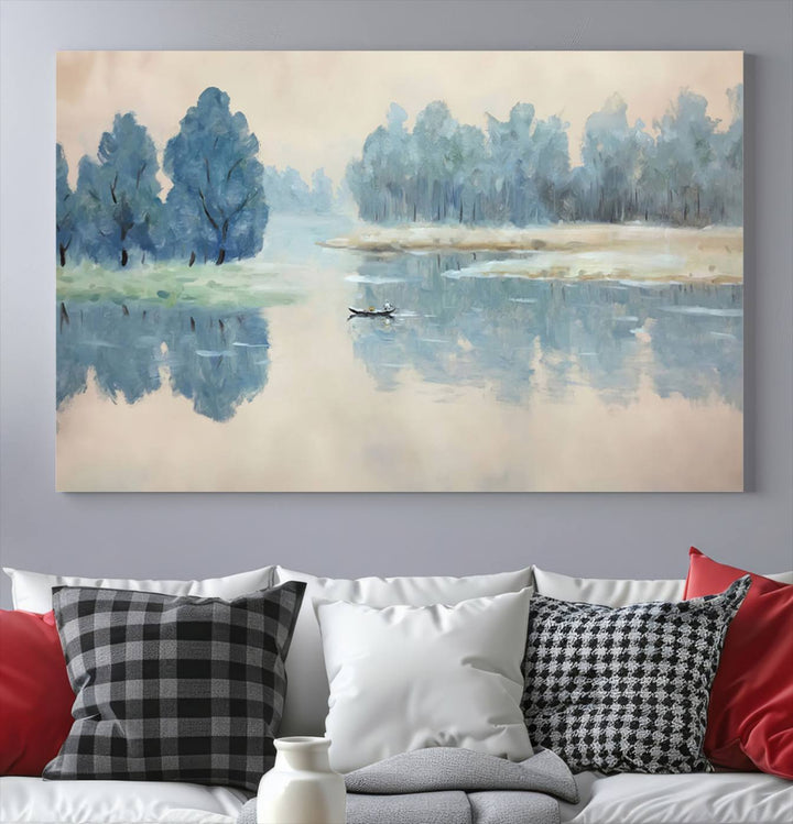 Landscape Printing Lake and Boat Scene | Serene Landscape Wall Art for Nature Lovers | Ready to Hang Triptych Canvas Print | Peaceful Blue Trees and Water Reflection Decor