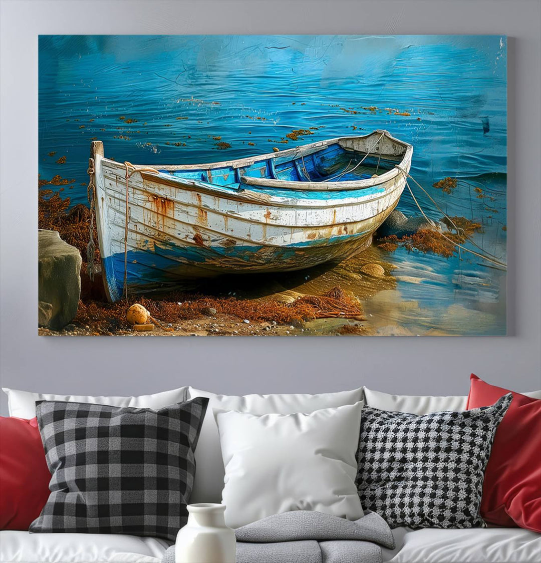 Vintage Boat on Tranquil Waters | Coastal Wall Art for Nautical Decor | Rustic Triptych Canvas Print | Beach House Art for Coastal Home Decor
