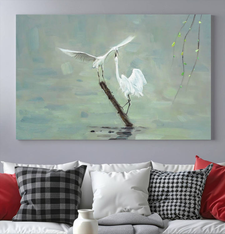 Elegant White Herons on Calm Waters | Coastal Wall Art for Nature-Inspired Decor | Serene Triptych Canvas Print | Ready to Hang Bird-Themed Art for Home Decor