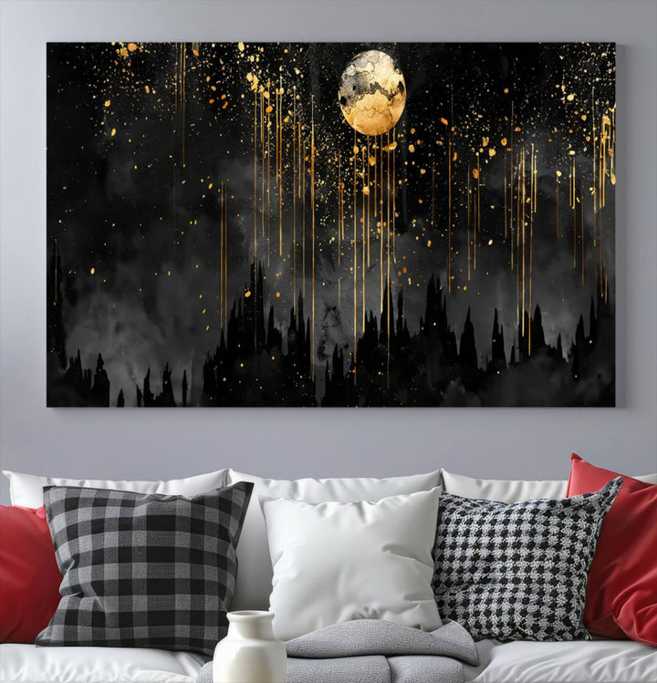 Gold Moon and Black Skyline Abstract Wall Art | Dark Modern Canvas Print with Dripping Gold Accents | Triptych Contemporary Homes