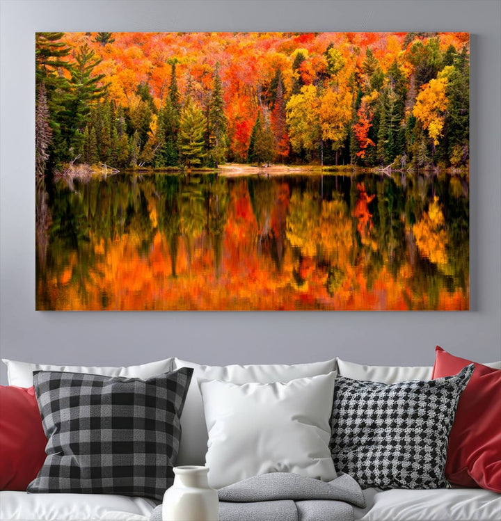 Autumn Forest Reflection Wall Art | Triptych Canvas Print | Vibrant Fall Foliage Wall Decor | Nature-Inspired Cabin Wall Art for Living Room