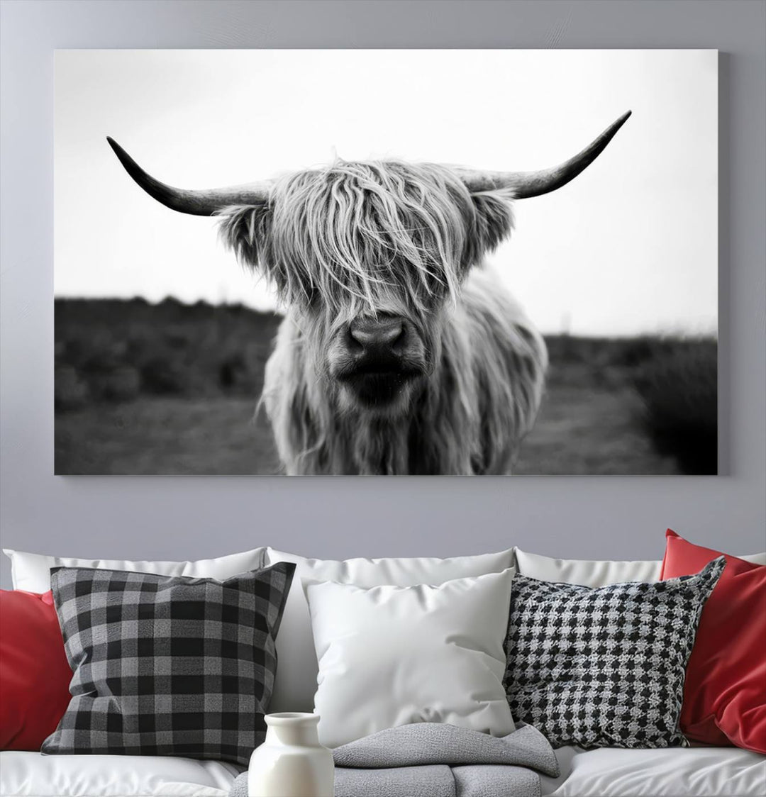 Highland Cow Wall Art | Black and White Farmhouse Decor | Ready to Hang Triptych Canvas Print | Rustic Barn Decor | Scottish Highland Cattle Art Print