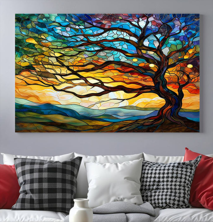 Vibrant Mosaic Tree of Life Wall Art | Stained Glass Style Canvas Print | Ready to Hang Artistic Decor