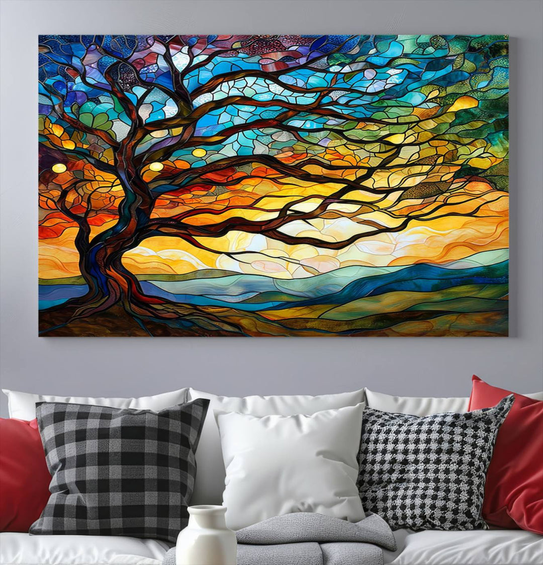 Mosaic Tree Wall Art | Ready to Hang Stained Glass Style Canvas Print | Farmhouse Wall Decor, Cabin Wall Art, and Unique Nature Home Decor