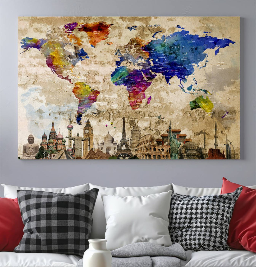 Artistic world map featuring landmarks like the Eiffel Tower, printed on premium wall art for office or living space.