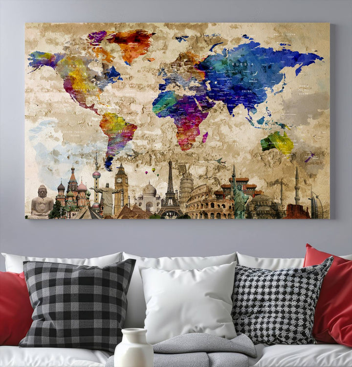 Framed World Map Canvas Print with Landmarks | Multi-Panel Wall Art | Ready to Hang Decor for Living Room, Office | Global Travel Wall Art | Vibrant Landmark Design