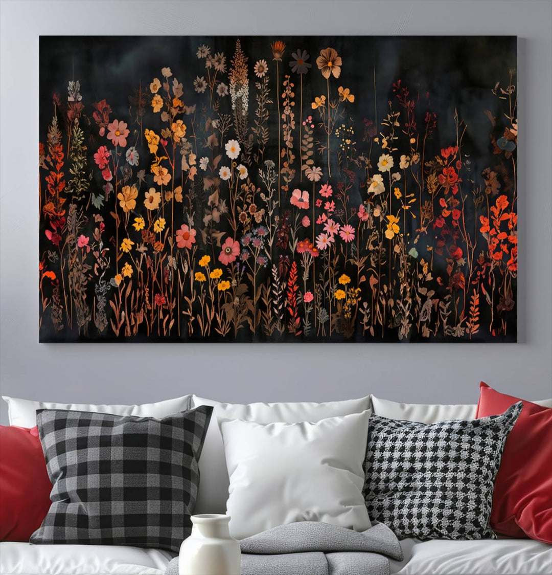 A large wildflower painting print on canvas featuring a colorful floral illustration, perfect as botanical decor for a stylish home.