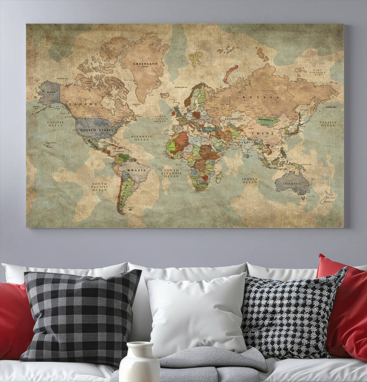 Vintage World Map Canvas Wall Art – Antique Triptych Map Print – Rustic Global Decor for Living Room or Office – Ready to Hang