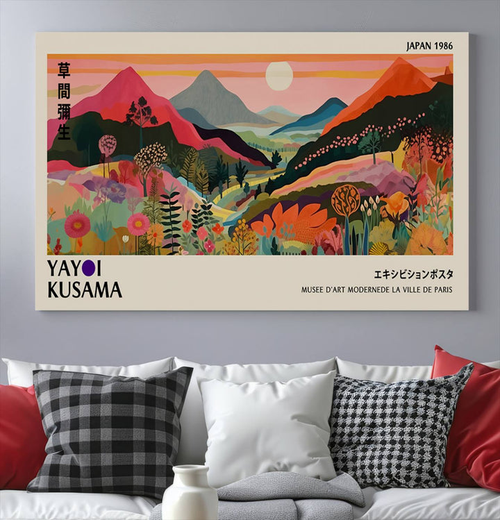 A vibrant abstract landscape by Yayoi Kusama adorns a Wabi Sabi ready-to-hang canvas print, featuring mountains and flowers.