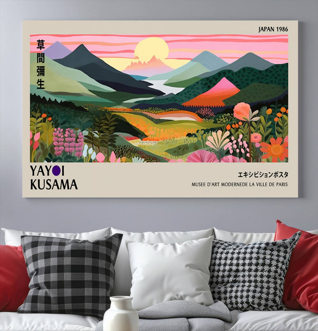 Vibrant abstract landscape canvas with mountains and fields, titled Yayoi Kusama 1986 Wall Art Print.