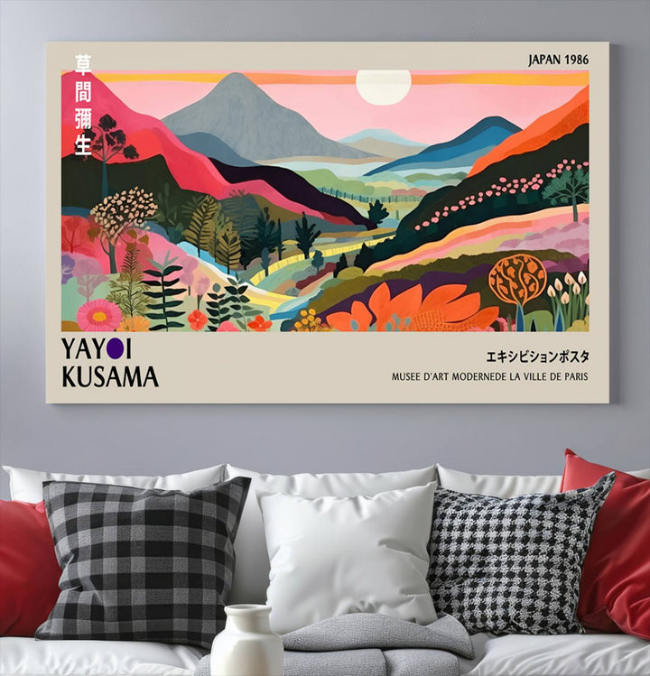 Vibrant abstract landscape canvas inspired by Yayoi Kusama, featuring mountains, trees, and flowers in a triptych style.