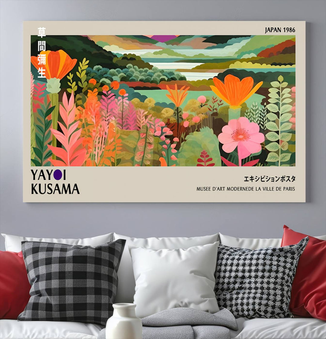 A vibrant 1986 Yayoi Kusama abstract landscape featuring flowers and hills on a canvas wall art print, ready-to-hang.