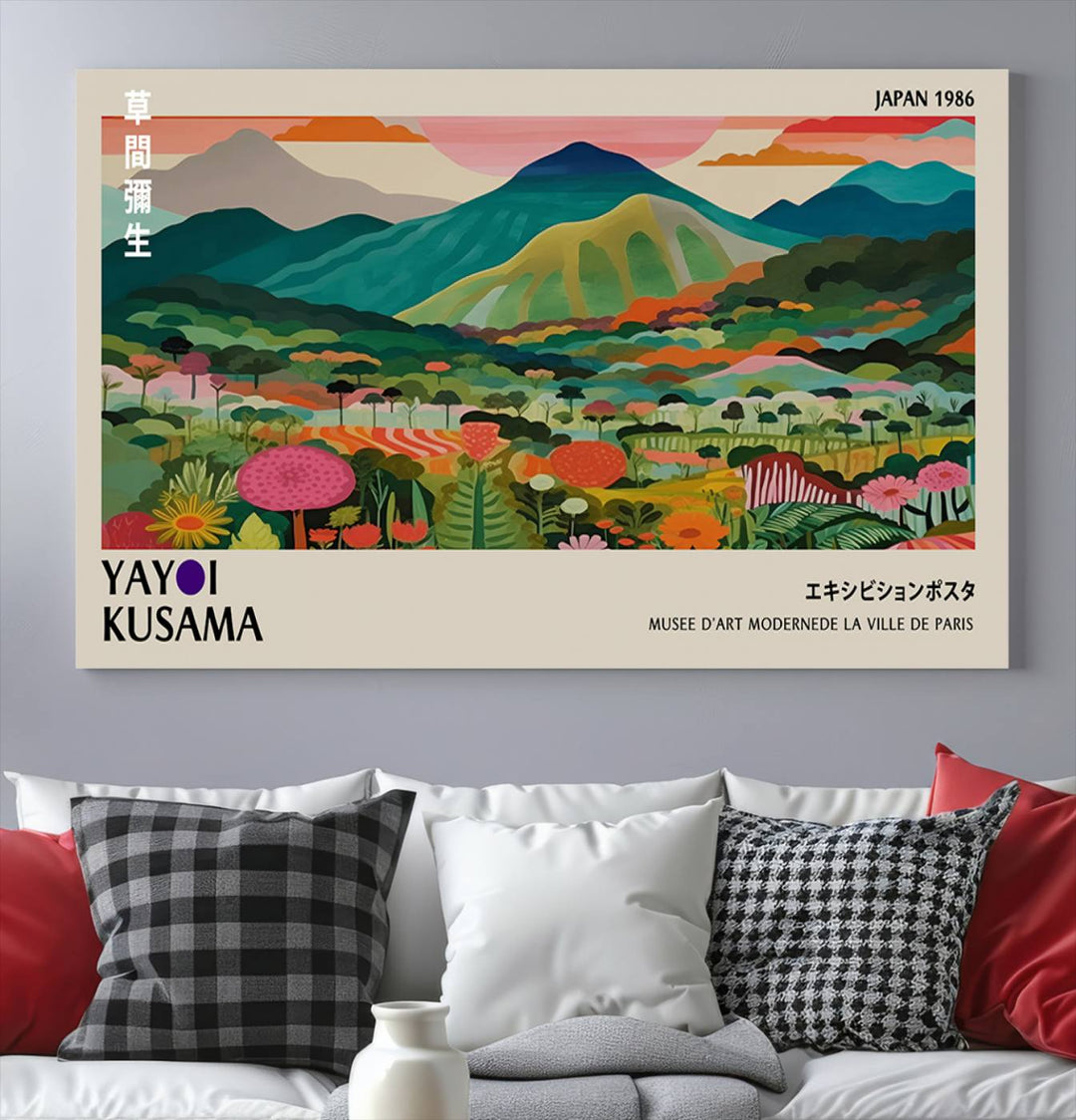 1986 Yayoi Kusama Art Print – Vibrant, abstract landscape featuring hills and trees in a Japanese Wabi Sabi style. Ready-to-hang.