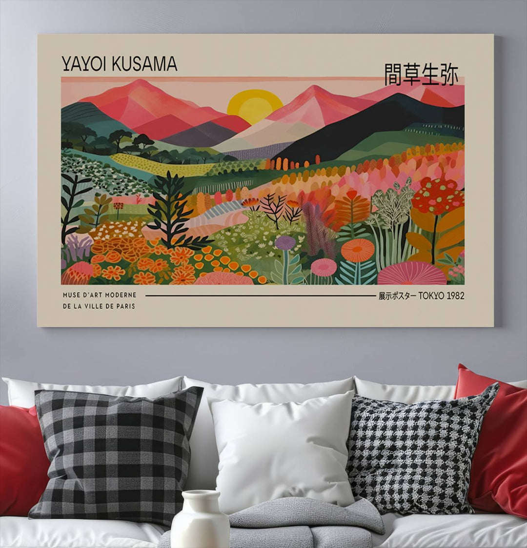 A vibrant abstract triptych features mountains, a sun, and plants in Yayoi Kusamas style with Japanese and French text included.