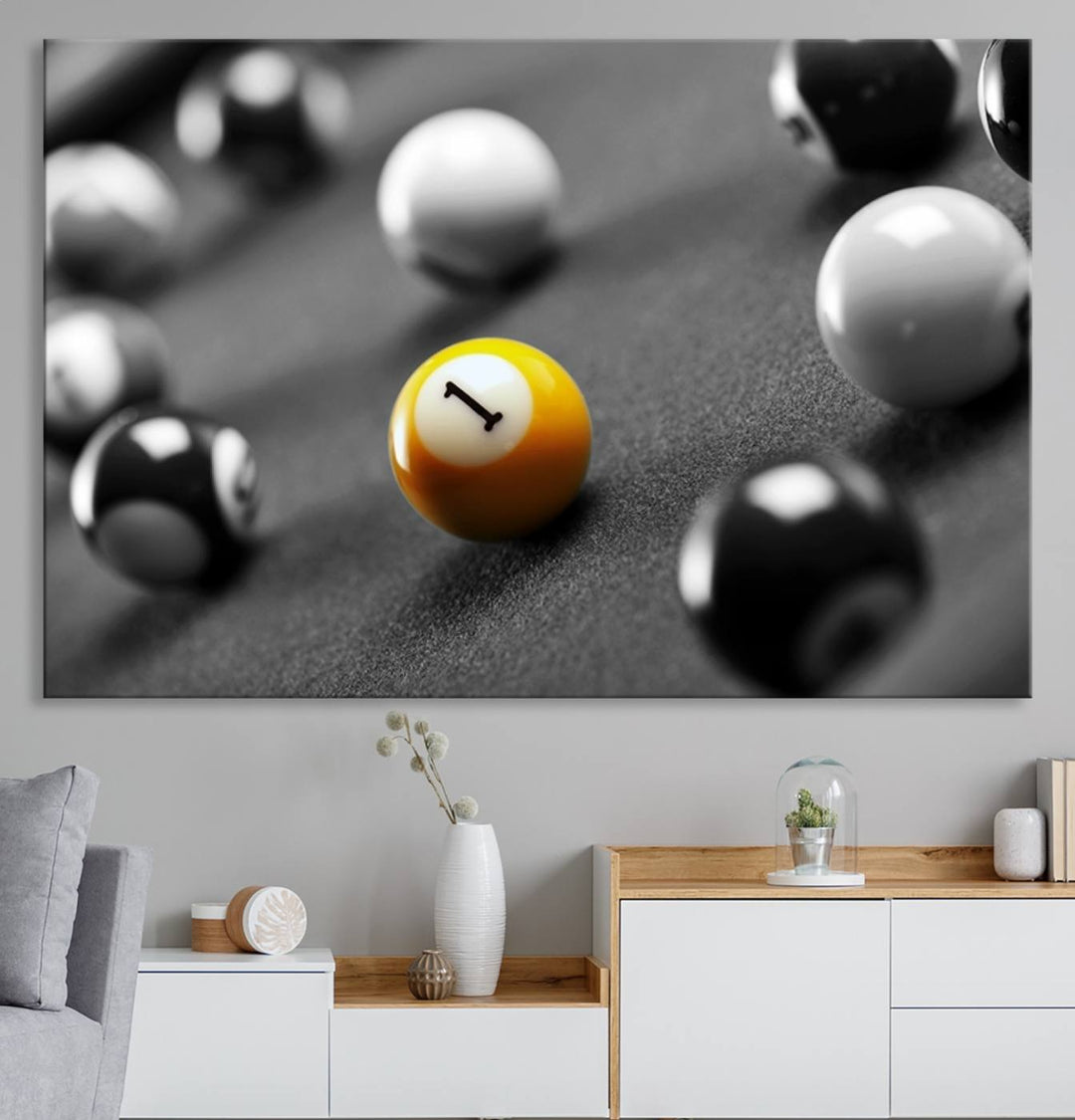 The Black and White Concept Billiard Balls Canvas Print elevates the space with museum-quality charm.