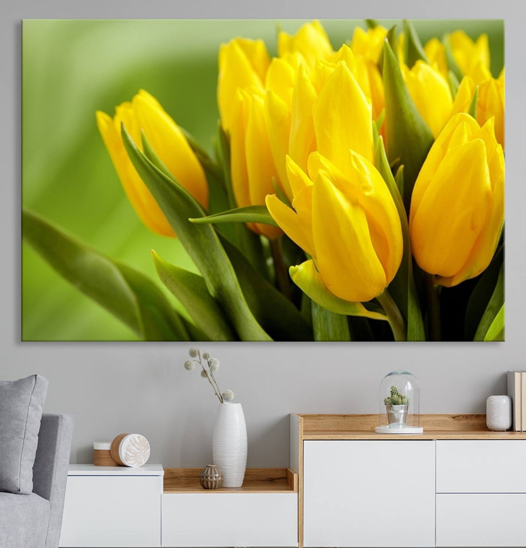 The Wall Art Yellow Tulips Canvas Print on a green background is featured.