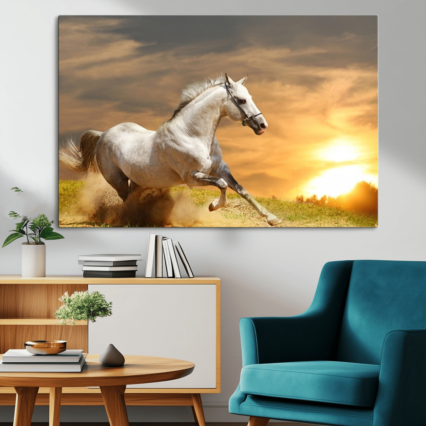 MGV-CV-36X24 - Large Wall Art Galloping White Horse at Sunset Canvas Print