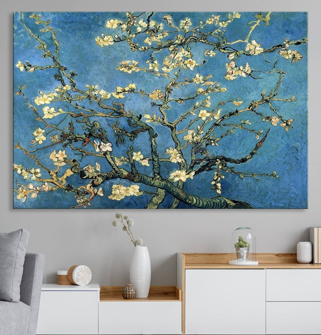 A Van Goghs Almond Blossom canvas print adds a touch of elegance to the wall.