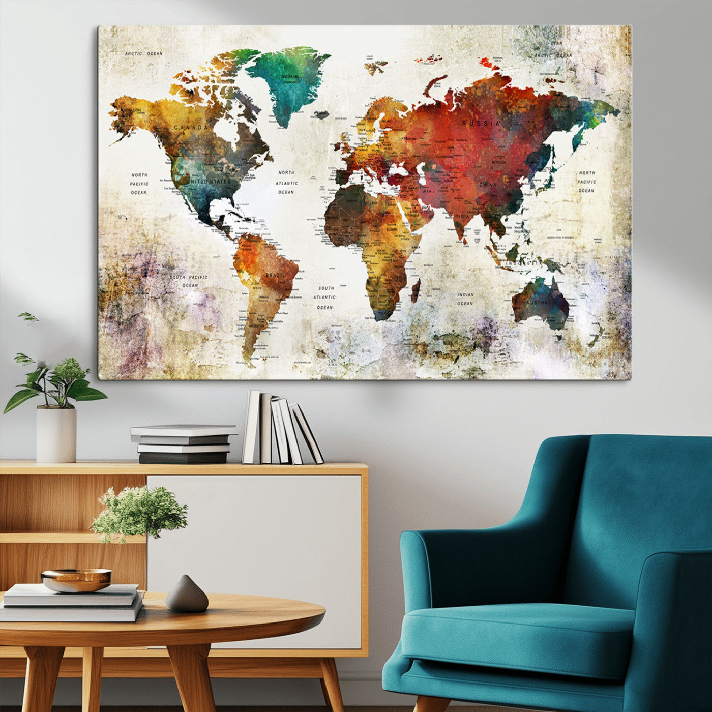 -Push Pin World Map Canvas Print – Framed Wall Art for Couples to Track Their Travels – Anniversary