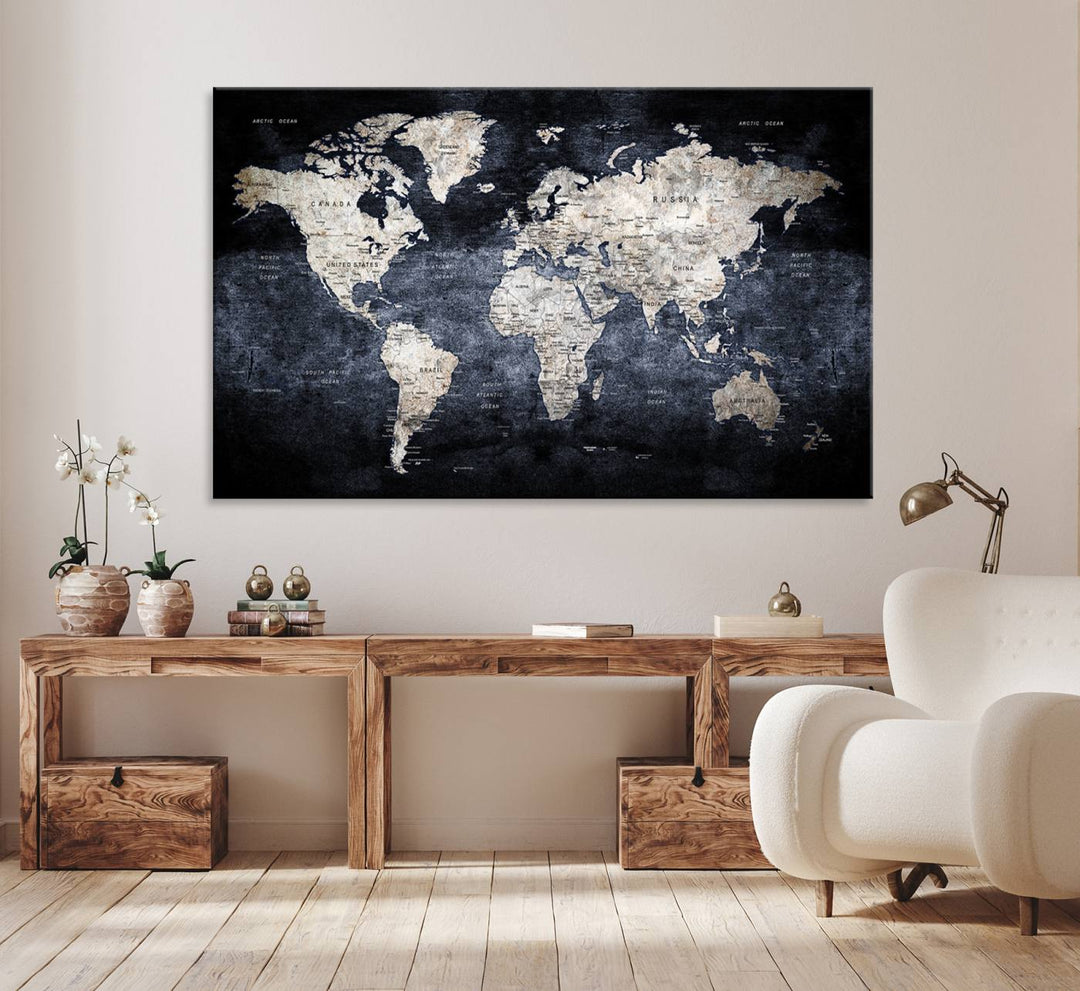 Rustic Black and Bronze World Map Canvas Triptych features white continents on a grunge-stained background.