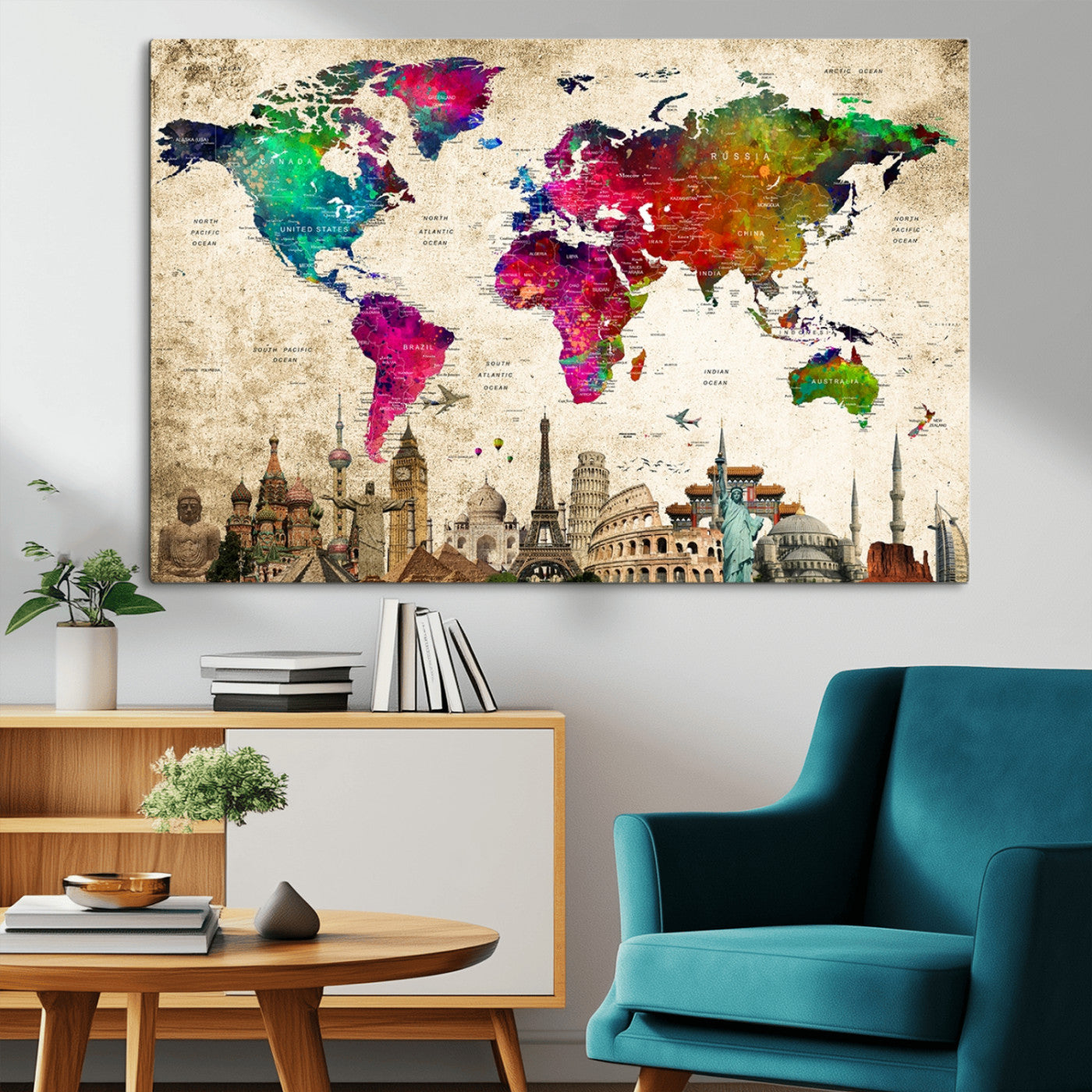 MGV-CV-36X24 - Push Pin World Map Canvas Print – Framed Wall Art for Couples to Track Their Travels – Anniversary