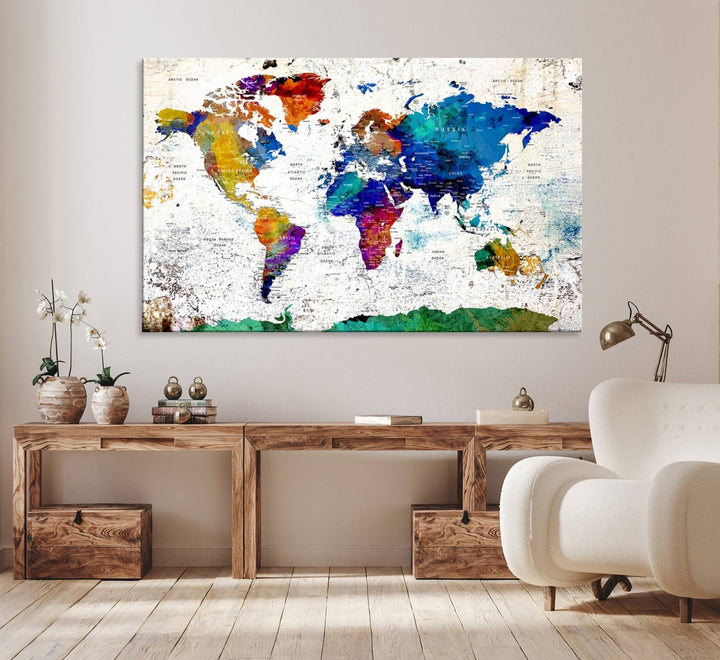 Colorful Abstract World Map Canvas Wall Art – Vibrant Contemporary Triptych Map Print – Framed Map Printing Decor for Living Room or Office