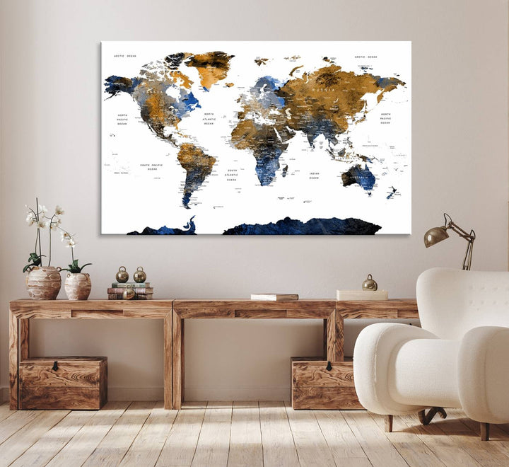 The Watercolor World Map Canvas showcases a grunge-stained background in gold, gray, and blue hues.