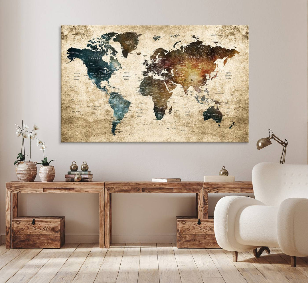 Grunge World Map Canvas featuring earth-toned continents, suitable for study, office, or living room.