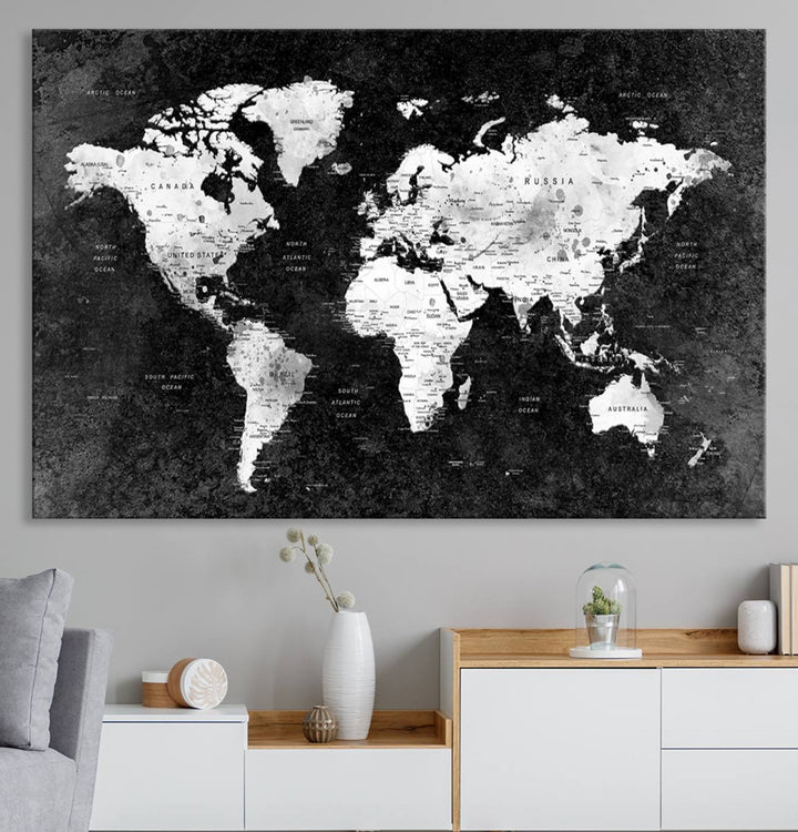 The dining room features a Modern Grayscale World Map 3-Panel Canvas Art as its focal point.