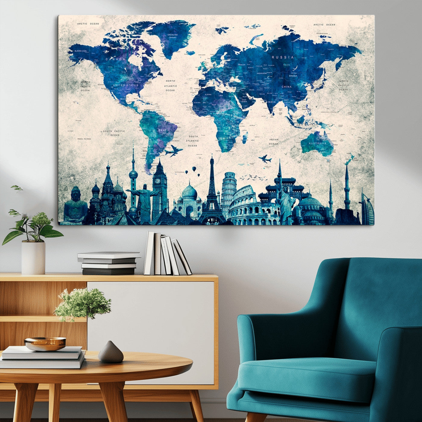 MGV-CV-36X24 - Navy Blue World Map Canvas Print, Wonder of World Map Push Pin Canvas Print