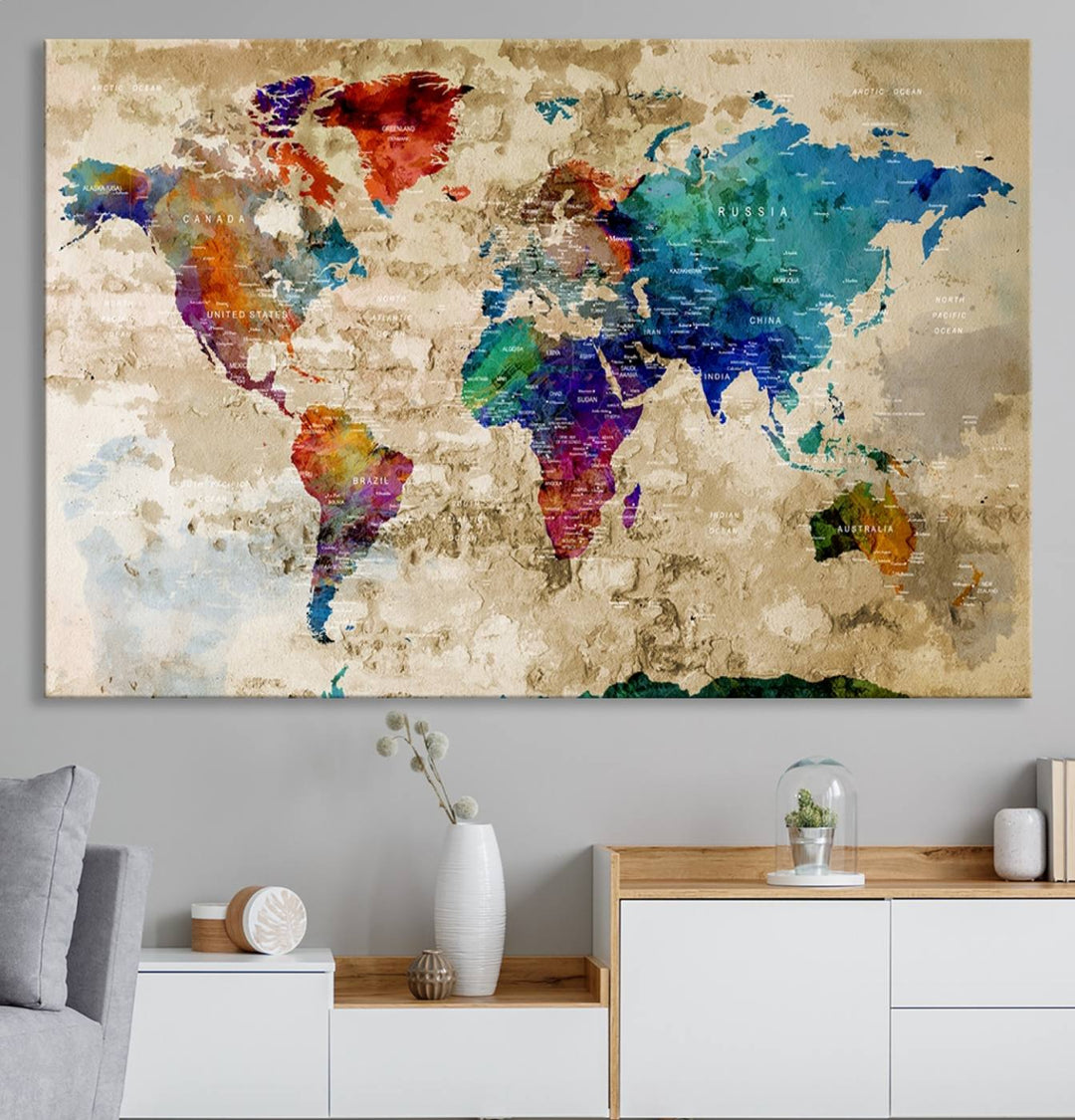 An Abstract Large Watercolor World Map Canvas Print hangs prominently.