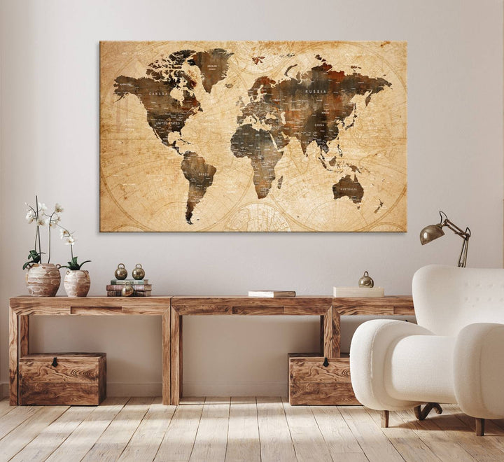 Vintage World Map Wall Art | 3 Panel Large Canvas Art | Antique World Map Canvas Print | Rustic Map Wall Art, Framed Gallery Wrapped