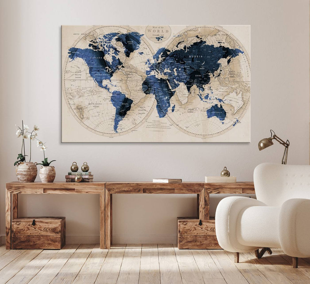 The Vintage Triptych Map Print is a grunge-stained blue and beige world map, perfect for enhancing wall decor.