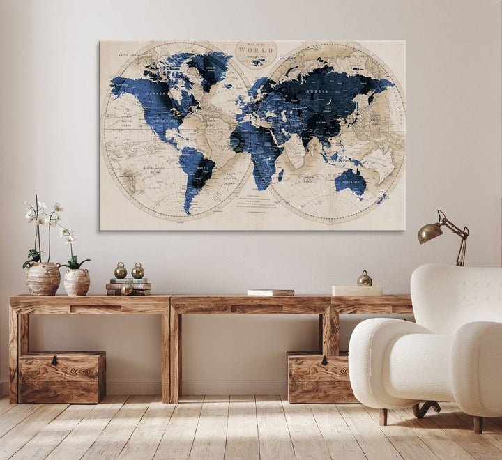 Vintage Triptych Map Print - Antique World Map Canvas Wall Art – Vintage Triptych Blue and Beige Map Print