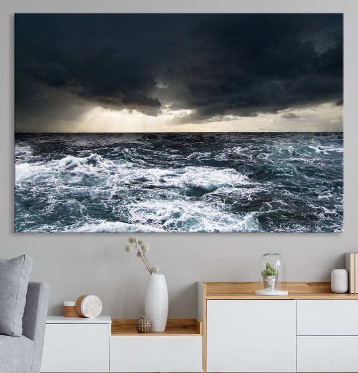 A Dark Clouds Stormy Sea canvas print, ready to hang, enhances the room.