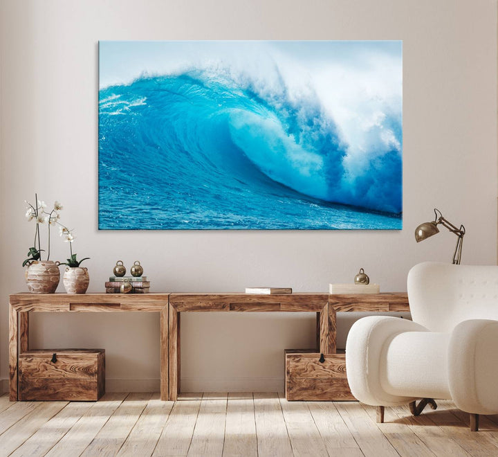 A museum-quality canvas depicting a vibrant blue ocean wave with white foam under a clear sky.