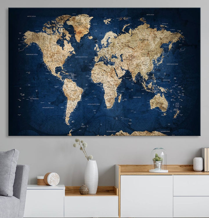 Classic Vintage Blue World Map Canvas Print featuring beige continents against a deep blue background.