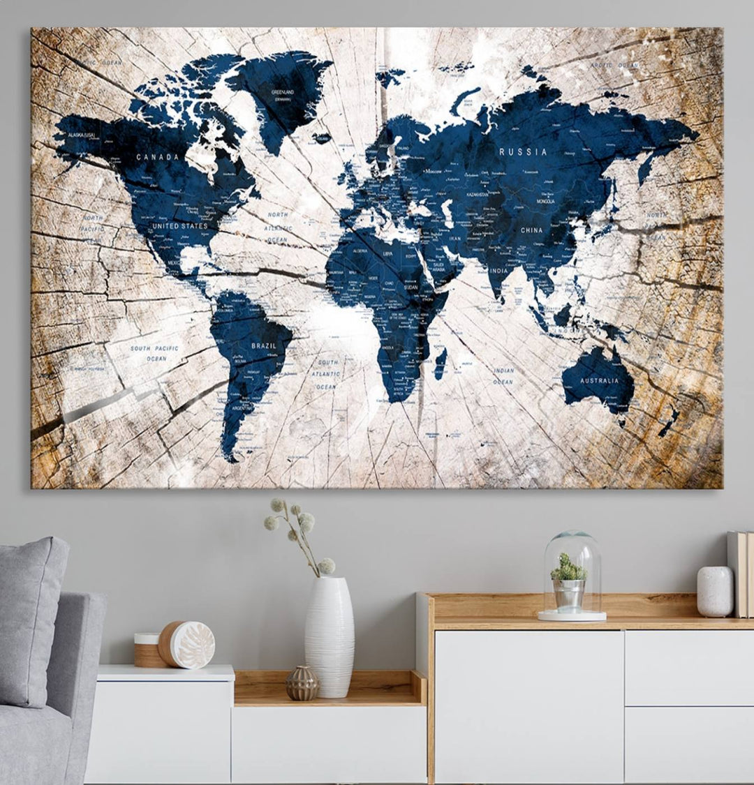 The Vintage World Map on Grunge Background Canvas serves as the focal point of the room.