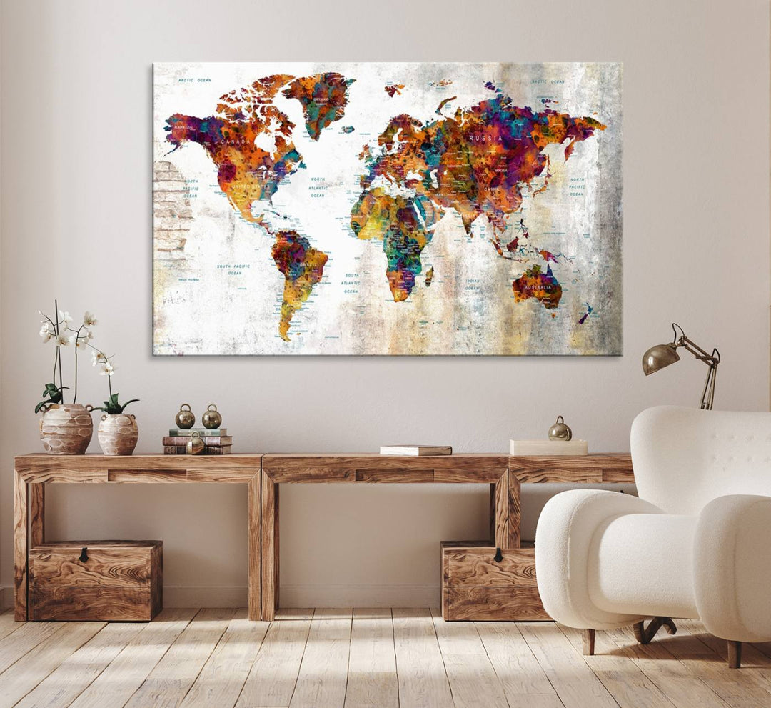 A vibrant Grunge Map Canvas Wall Art Set (3 Panels) for home or office decor, perfect for travel enthusiasts.