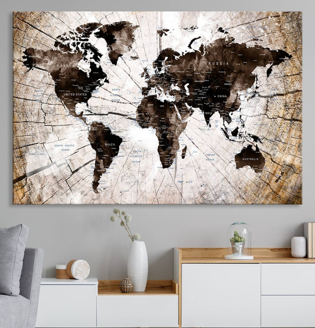 The Tree Ring World Map Canvas hangs above the table, blending into the nature-inspired setting.